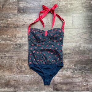 Zara TRF Bodysuit Womens Navy Large 1950s Style Cherry Halter Neck Tie Pin Up